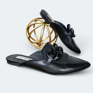 Steve Madden Black Leather Chain-Detail Slip-On Mules Size 5